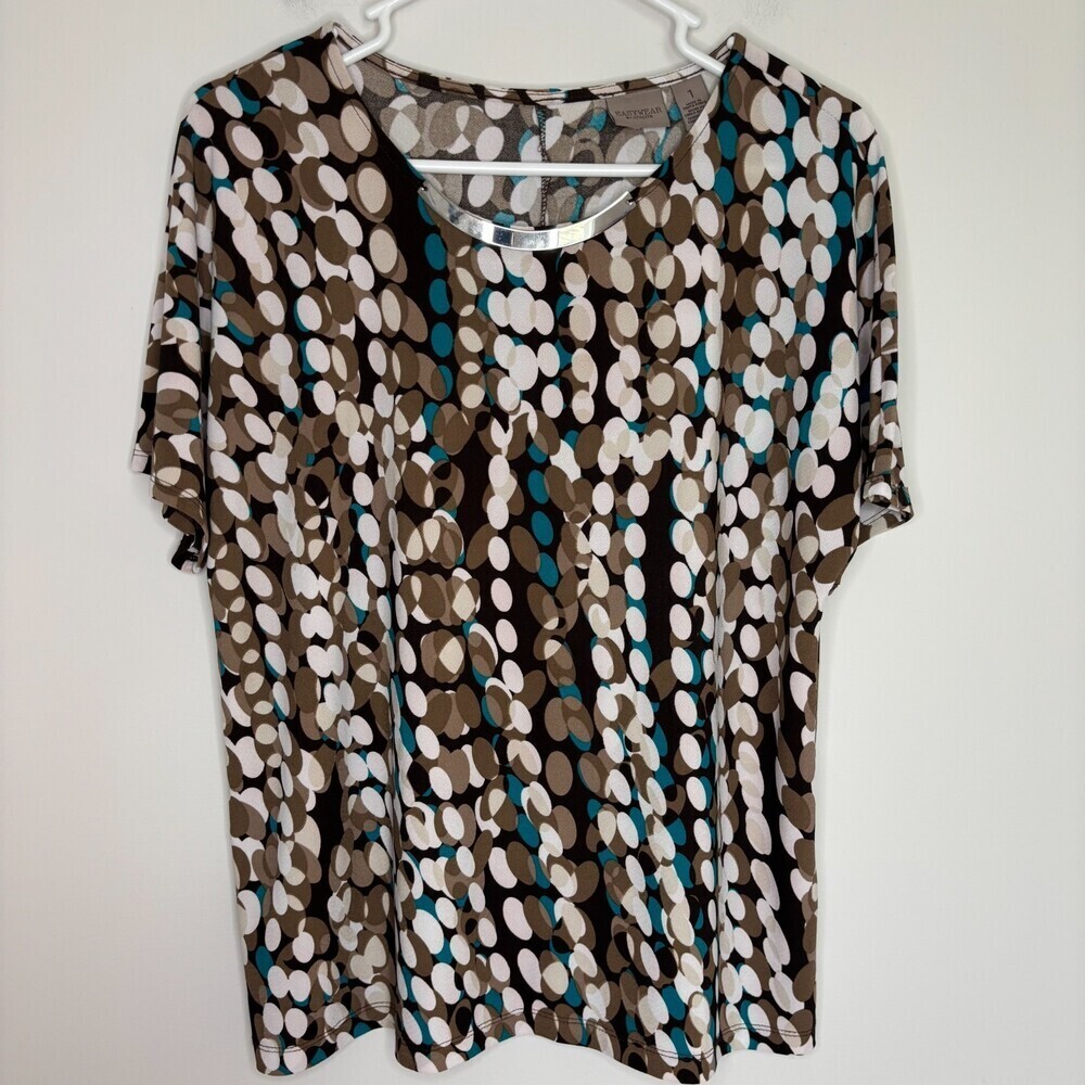 CHICO'S NEW Dotted Swirls Scarlett Short Sleeve Top Women M Peacock Blue Stretch - Picture 5 of 9